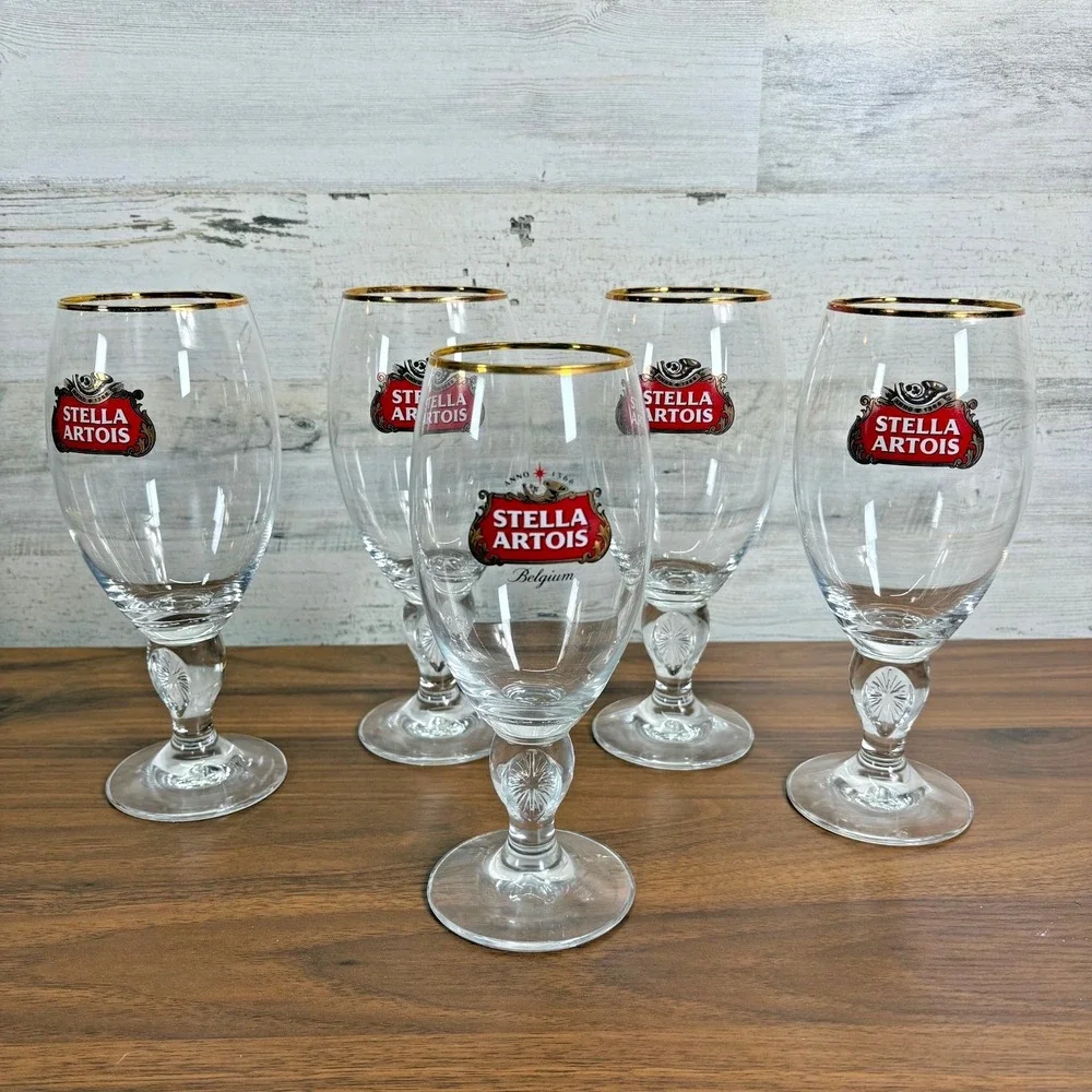 Stella Artois Beer Chalice Ritzenhoff Gold Rimmed Lot of 4 50cl and Lot of 1 40c